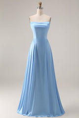Blue A Line Strapless Satin Bridesmaid Dress