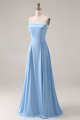 Blue A Line Strapless Satin Bridesmaid Dress