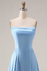 Blue A Line Strapless Satin Bridesmaid Dress