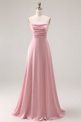Strapless A Line Ruched Satin Dusty Rose Bridesmaid Dress