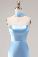 Mermaid Strapless Satin Steel Blue Maxi Bridesmaid Dress