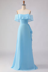 Chiffon Off the Shoulder Sea Glass A Line Bridesmaid Dress