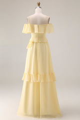 Off the Shoulder Chiffon Lemon Sorbet A Line Bridesmaid Dress