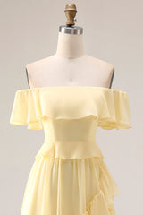 Off the Shoulder Chiffon Lemon Sorbet A Line Bridesmaid Dress
