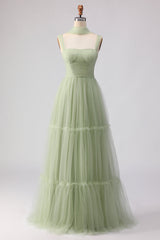 A Line Tulle Dusty Sage Pleated Bridesmaid Dress
