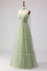 A Line Tulle Dusty Sage Pleated Bridesmaid Dress