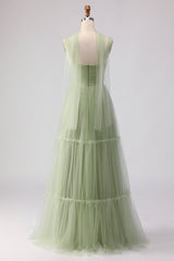 A Line Tulle Dusty Sage Pleated Bridesmaid Dress