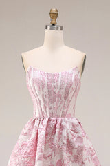 A Line Strapless Ivory Pink Floral Brocade Prom Dress