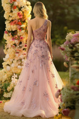 One Shoulder A Line Tulle Blush Corset Appliqued Prom Dress