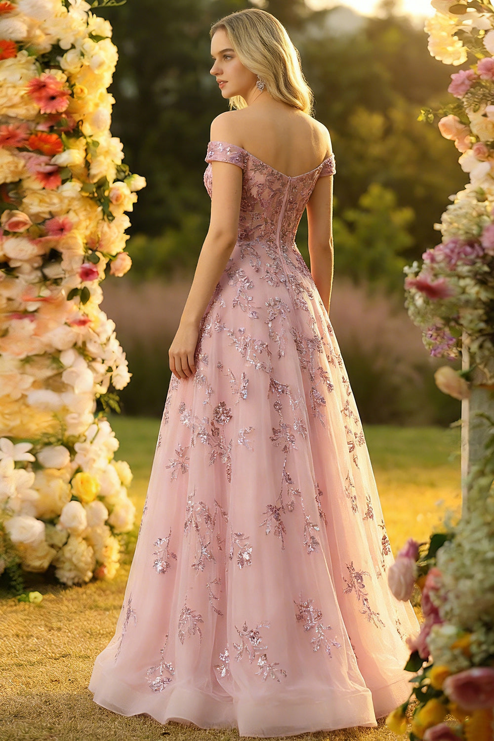 Sparkly Off the Shoulder A Line Tulle Blush Corset Prom Dress