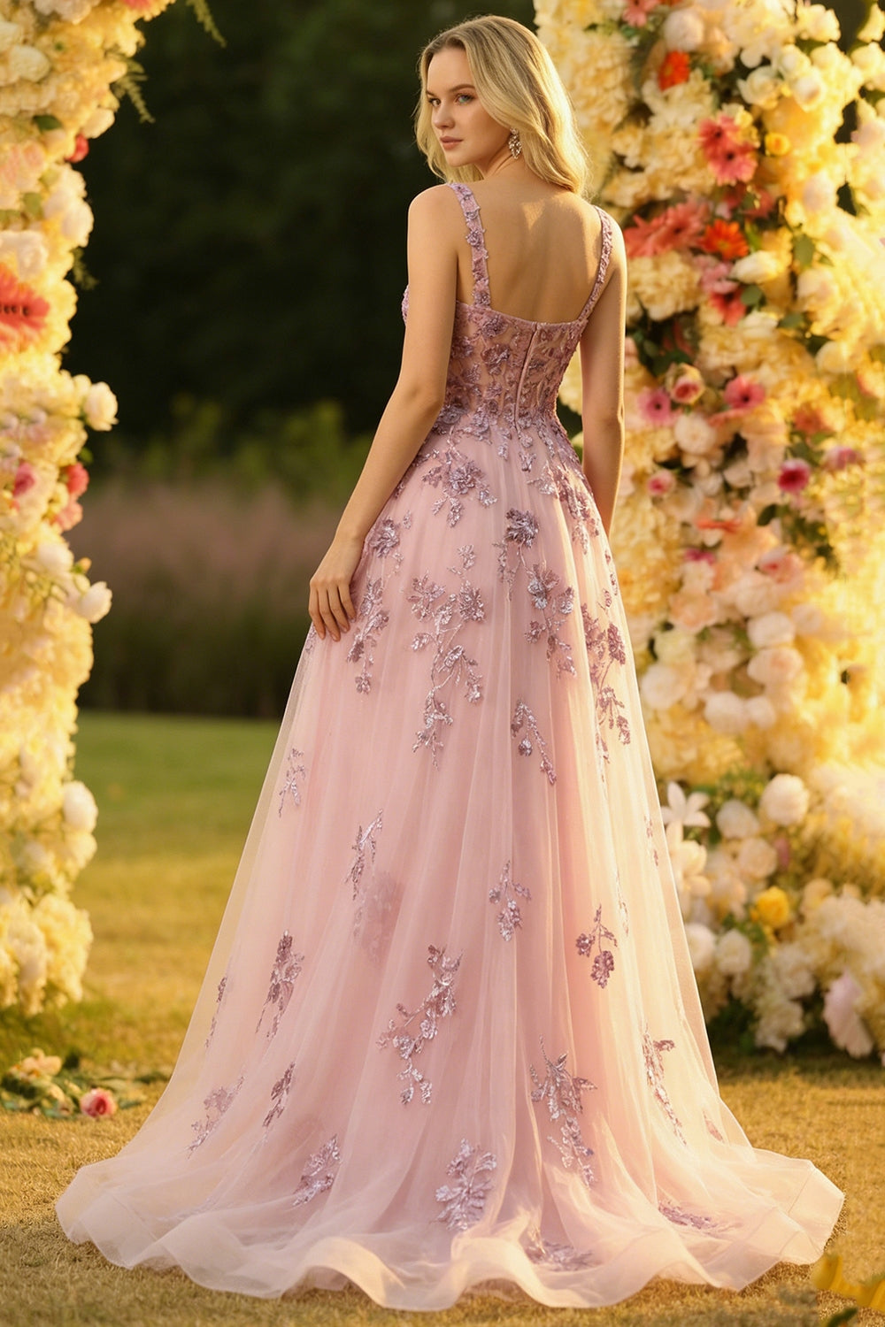 Sparkly Blush Spaghetti Straps A Line Corset Prom Dress