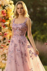 Sparkly Blush Spaghetti Straps A Line Corset Prom Dress