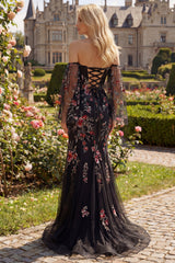 Off the Shoulder Mermaid Floral Black Sequin Prom Dress