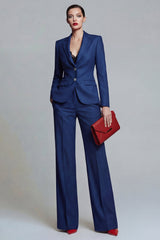 Notched Lapel 2 Piece Slim Fit Dark Blue Women Suits