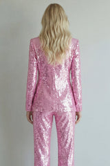 Sparkly Notched Lapel Pink 2 Piece Women Prom Suits