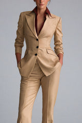 Kahki Peaked Lapel 2 Piece Single Breasted Women Suits