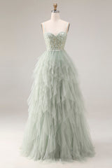A Line Appliqued Corset Ruffled Dusty Green Prom Dress