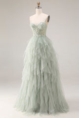 A Line Appliqued Corset Ruffled Dusty Green Prom Dress