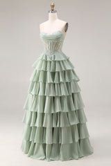 Strapless Corset Tiered Dusty Green Appliqued Prom Dress
