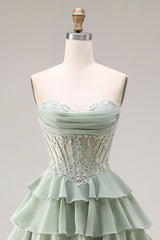 Strapless Corset Tiered Dusty Green Appliqued Prom Dress