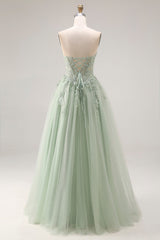 Strapless Corset A Line Dusty Green Appliqued Prom Dress