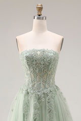 Strapless Corset A Line Dusty Green Appliqued Prom Dress