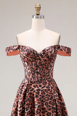 Off the Shoulder Coffee Leopard Corset A Line Prom Dress