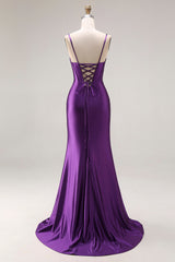Mermaid Satin Sequin Beaded Corset Purple Prom Dress