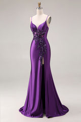 Mermaid Satin Sequin Beaded Corset Purple Prom Dress