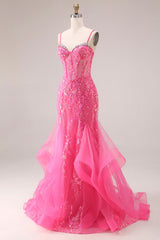 Sparkly Mermaid Corset Fuchsia Prom Dress with Ruffles