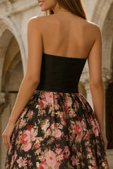 Strapless Black Pink Floral A Line Maxi Wedding Guest Dress