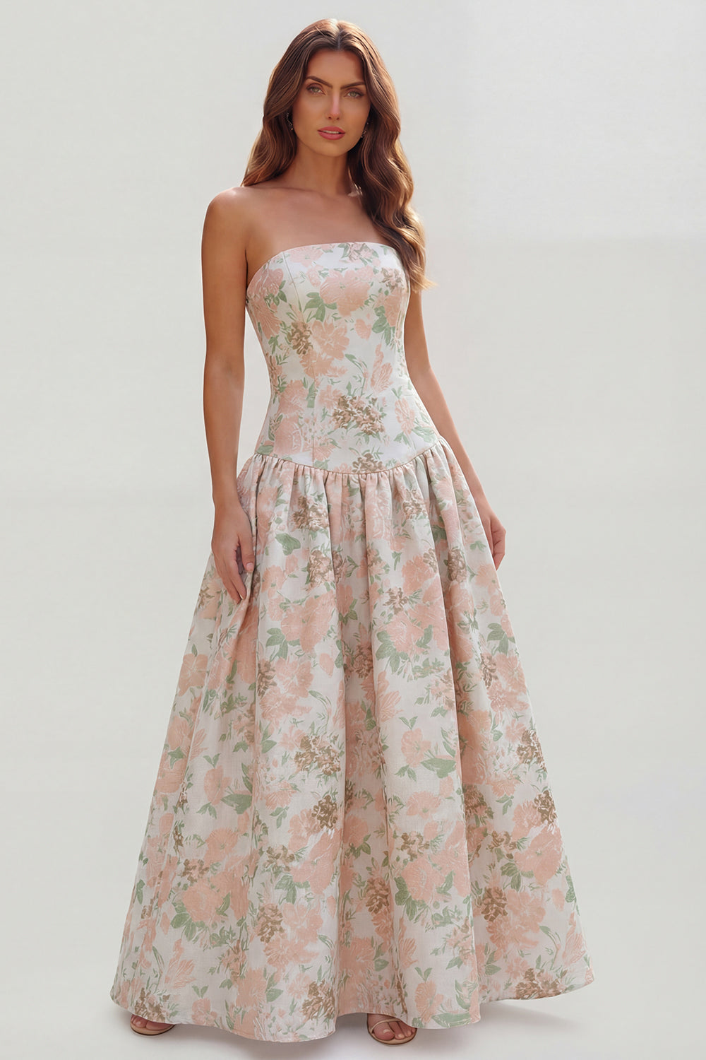 Strapless Blue White Floral A Line Maxi Wedding Guest Dress