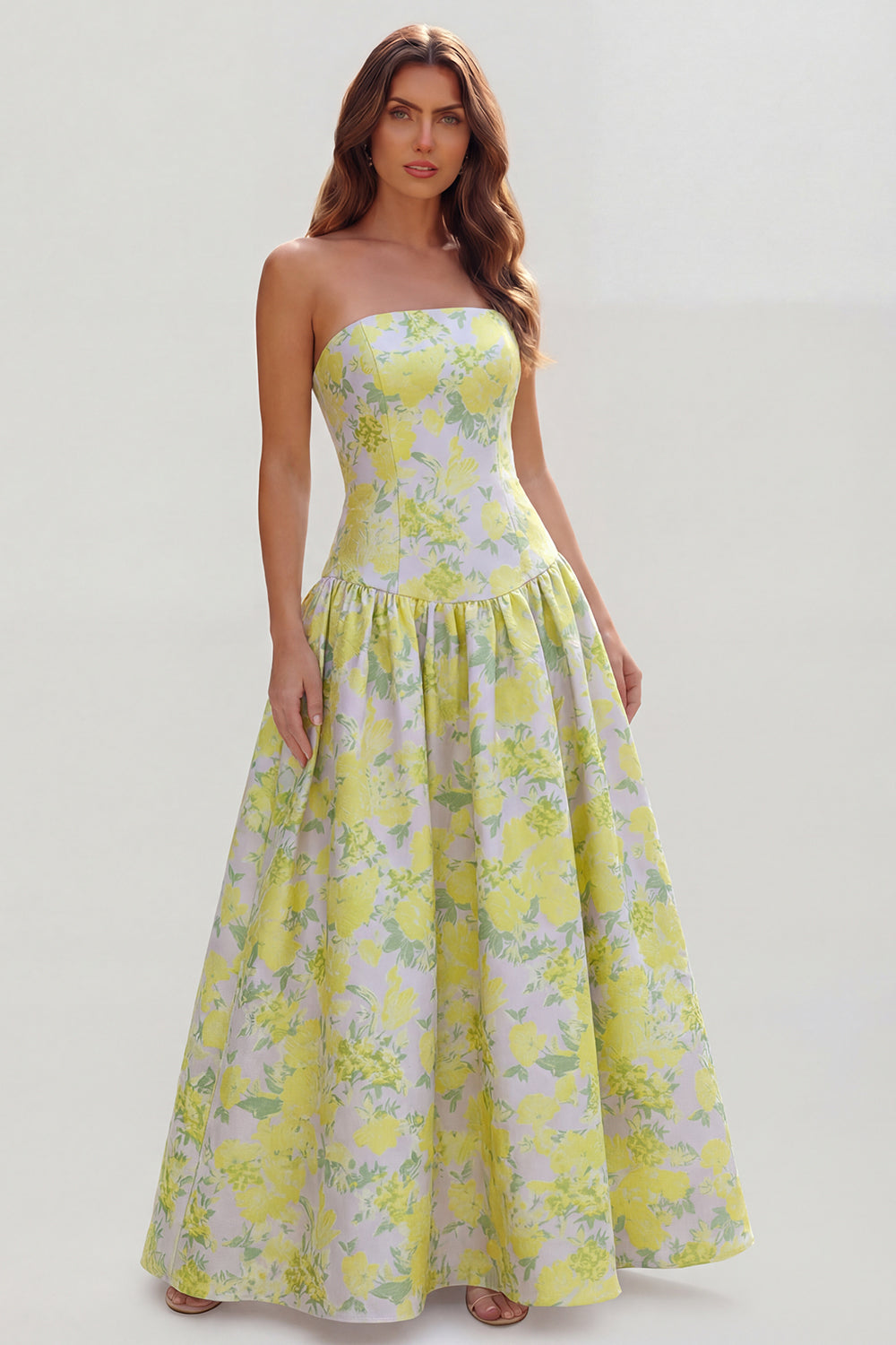 Strapless Blue White Floral A Line Maxi Wedding Guest Dress