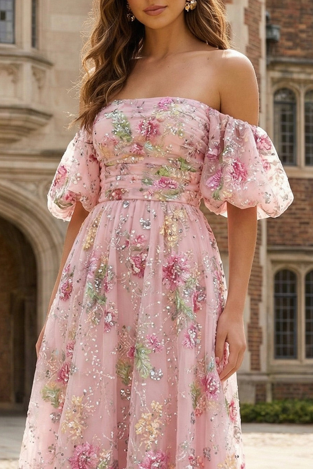 Off the Shoulder Pink Floral A Line Midi Wedding Guest Dress