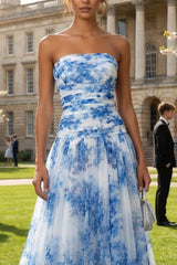 Strapless White Blue Floral A Line Maxi Wedding Guest Dress