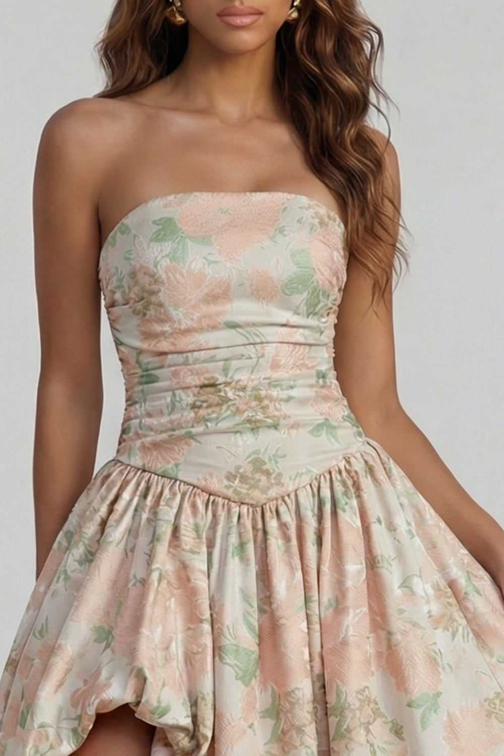 Strapless A Line Blue White Floral Wedding Guest Dress with Slit