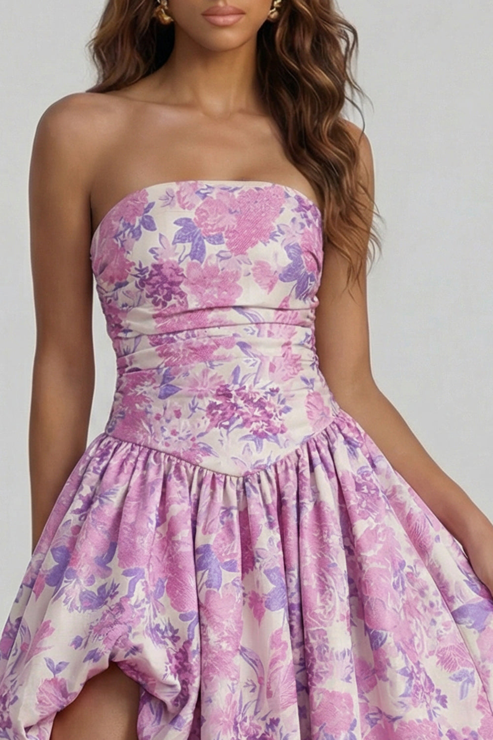 Strapless A Line Blue White Floral Wedding Guest Dress with Slit