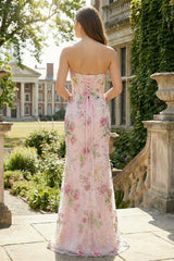 Sparkly Strapless Pink Floral Mermaid Wedding Guest Dress