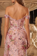 Sparkly Off the Shoulder Corset Floral Pink Prom Dress