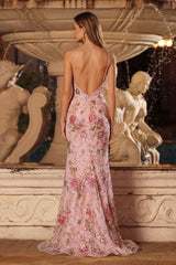 Mermaid Sequin Floral Pink Maxi Prom Dress