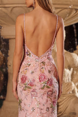 Mermaid Sequin Floral Pink Maxi Prom Dress