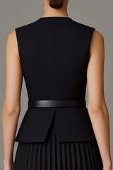 Black A Line Pleated Midi Work Dress with Belt