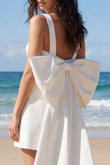 Square Neck Mini White Dress with Bow