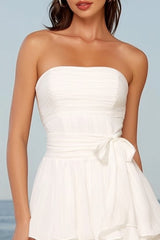Strapless Tiered Midi White Dress with Bow
