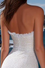 Sparkly Strapless White Ruffled Mini Graduation Dress