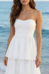 Tiered Strapless White Midi Engagement Dress