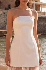 Strapless A Line Lace Maxi White Dress