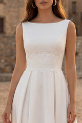 Bateau Neck A Line Midi White Dress with Lace