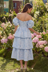 Blue Tiered Floral Off the Shoulder Wedding Guest Dress