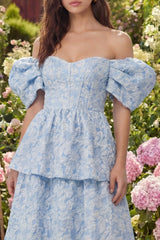 Blue Tiered Floral Off the Shoulder Wedding Guest Dress